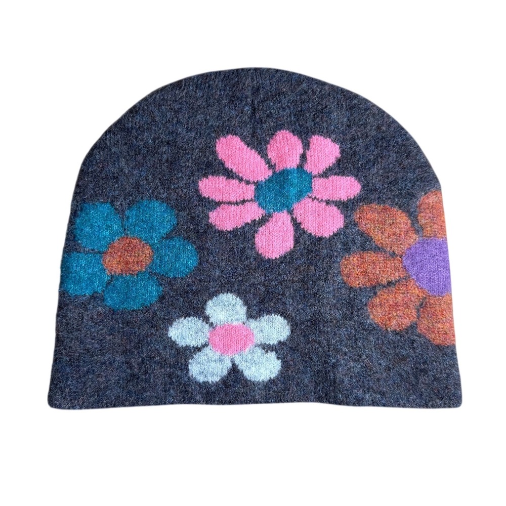 Natural Life Intarsia Beanie Daisy Retro Floral Wool Blend O/S Charcoal Grey